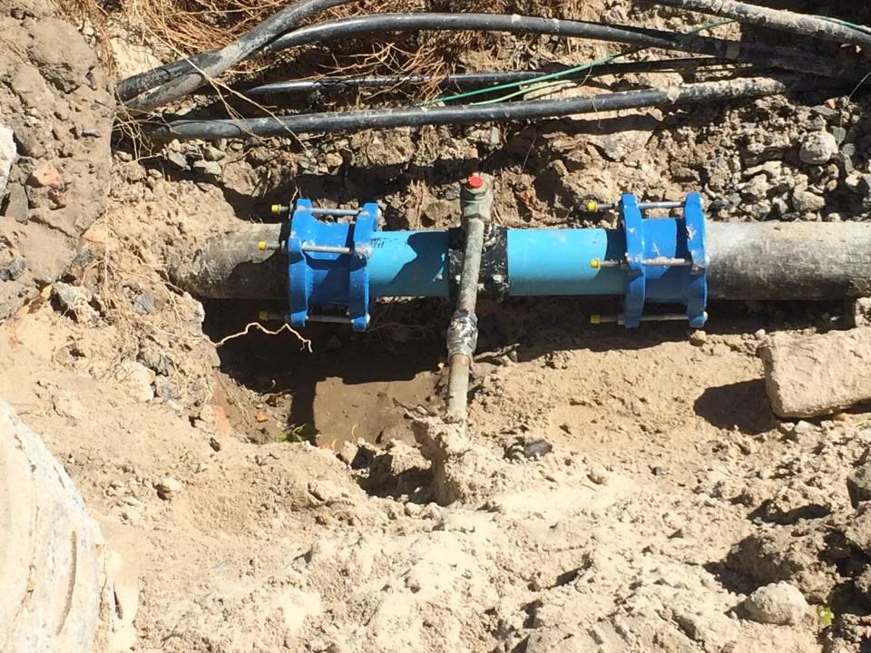 Blue mains pipework joined and ready for backfilling.